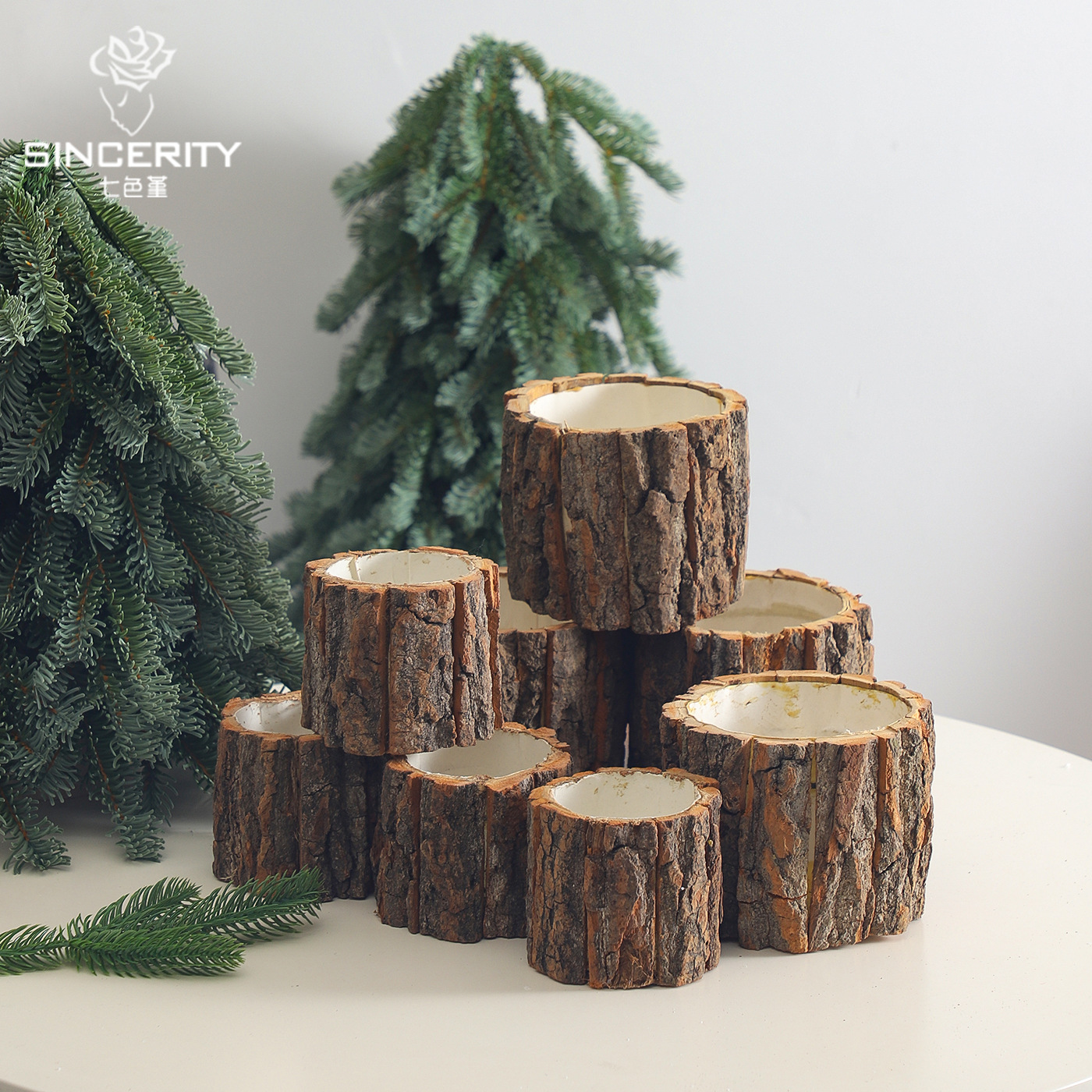 Decoración de Navidad corteza de madera barril de regalo embalaje de madera barril de regalo embalaje de decoración barril de flores