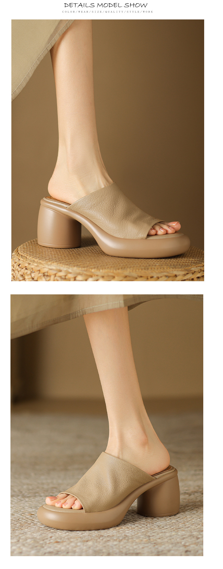 Sandal cao gót nữ hở mũi quai ngang da dê thật, gót 7 cm — đen chi tiết 17