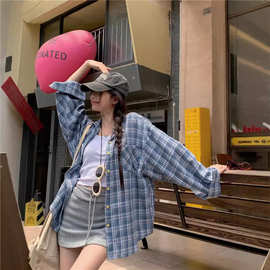 蓝色格子衬衫女2024秋季韩系宽松休闲复古衬衣长袖防晒上衣外套薄