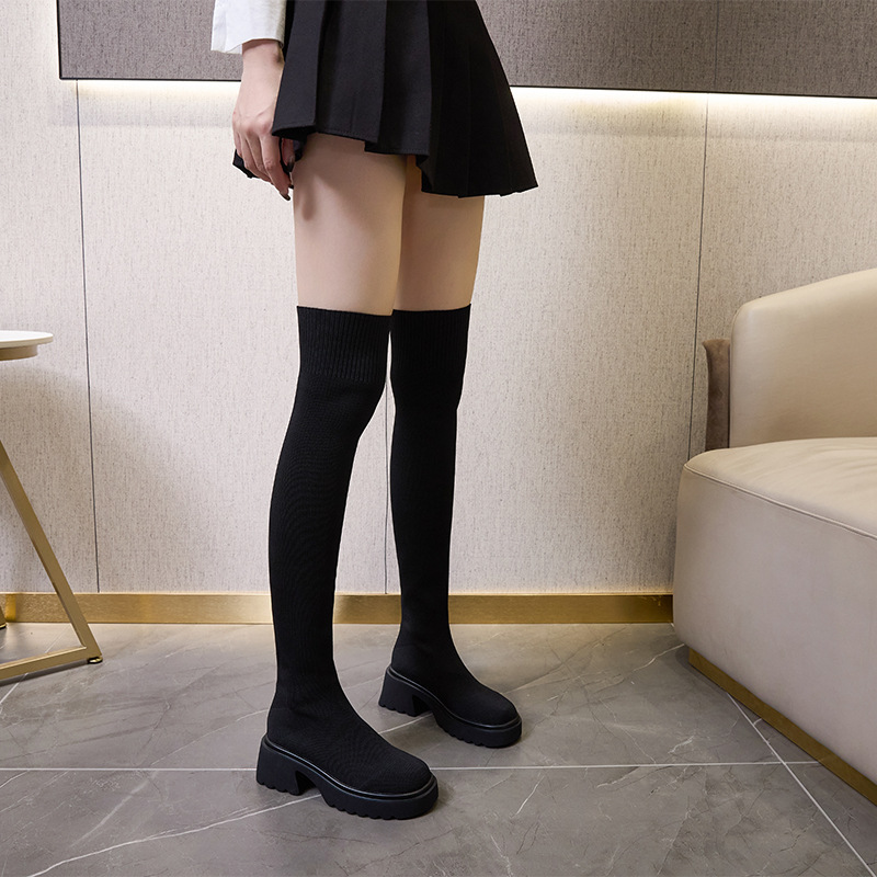 여성용 하이 부츠 2025 가을 겨울 신상품 신축성 니트 무릎 위 롱부츠 키 작은 분들을 위한 슬림한 종아리 양말 신축성 부츠