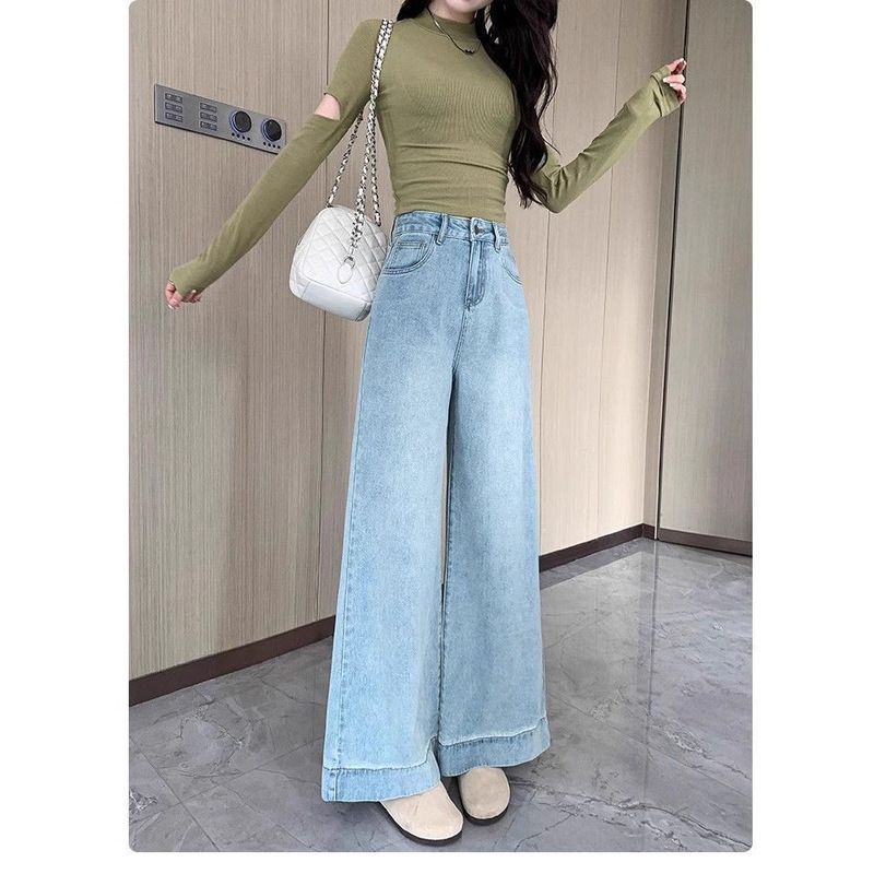 Petite Women's Fall Floor-Length Jeans 2025 Vintage Distressed Loose Hem High-Waisted Wide-Leg Pants