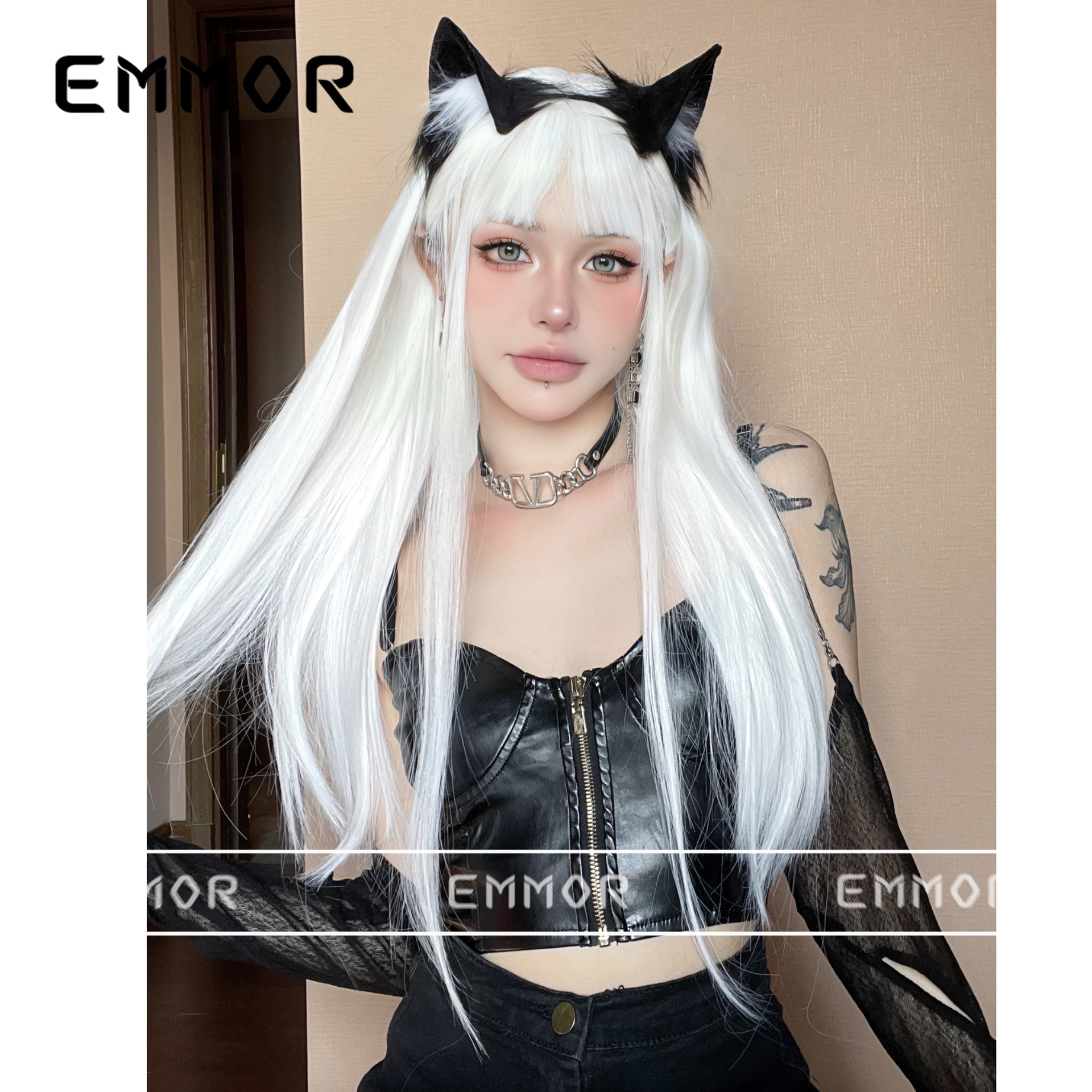 Colorido peluca aire flequillo largo pelo recto blanco moda Lolita Anime dos dimensiones en línea celebridad cos cubierta de la cabeza completa