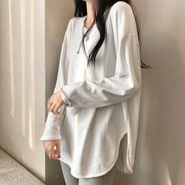 白色打底衫女秋冬季纯棉内搭设计感开叉V领长袖t恤宽松中长款上衣