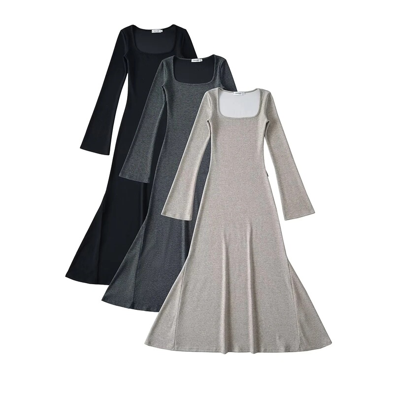 French Style Style Large Square Collar Micro-horn Cuff dress ~ Hot Girl Slim Fit Inner Base Large Skirt Long Dress