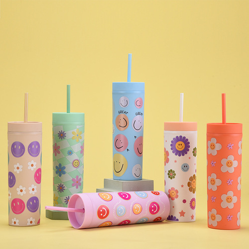 2024 cross-border new plastic straight cup with creative fashionable pattern and logo printable straw cup simple water cup