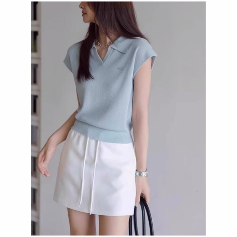 Blue Right Shoulder Polo Shirt for Women, Ice Silk Knitted Short-Sleeved T-Shirt, Summer Small Flying Sleeves, Slim Short Lapel V-Neck Top
