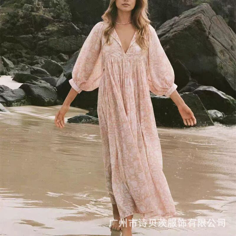 跨境亚马逊v领波西米亚度假风印花灯笼袖长裙连衣裙休闲舒适|undefined