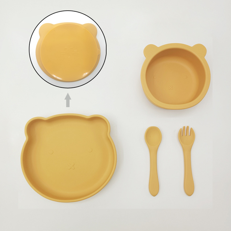 Bebé de alimentación placa cuchara Tenedor traje grado alimenticio silicona Integrado placa niños dibujos animados oso vajilla materna y infantil
