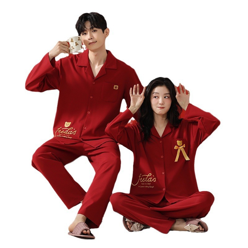 (2개) 커플 파자마 레드 긴팔 정장 순면 여성 봄 가을 남성 신혼 가을 겨울 조디악 연도 홈 의류