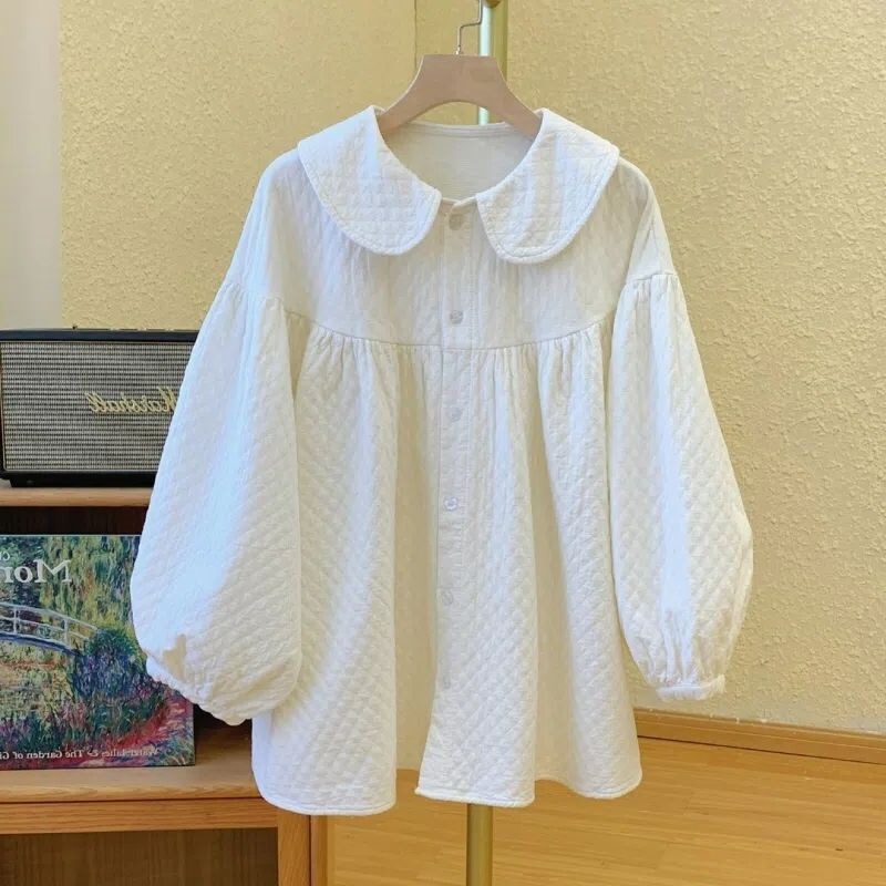 Korean Spring and Autumn Clothing, Japanese Style Mori Girl Doll Collar Rhombus Shirt, Lantern Sleeves, Loose Large Size Top, Doll Shirt
