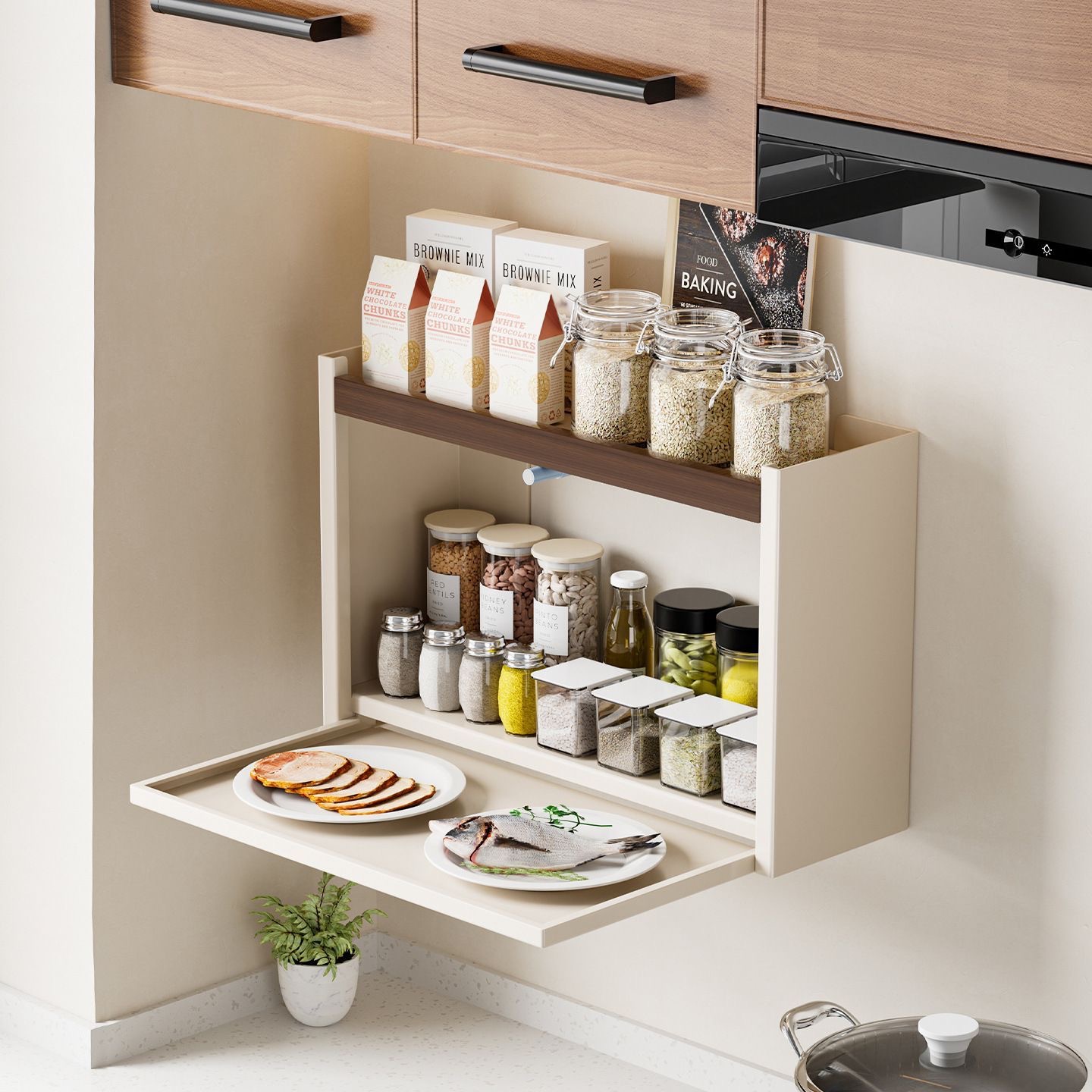 Walnut Kitchen Spice Rack Preparation Rack Silent Opening and Closing Wall Cabinet Spice Box Wall Storage Storage