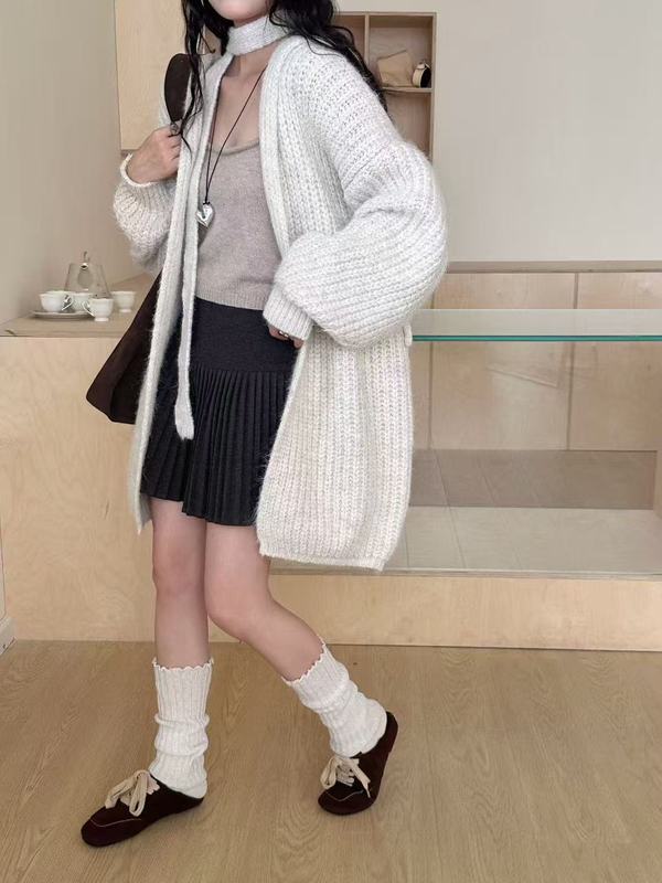 韩系高级感v领开衫毛衣外套女秋冬新款宽松慵懒收腰绑带针织上衣|undefined