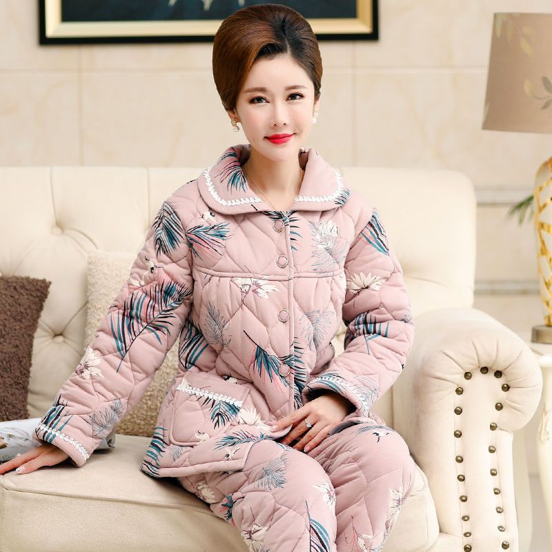 가을과 겨울 중년 어머니 면화 3 층 잠옷 여성의 두꺼운 따뜻한 면화 홈 세트