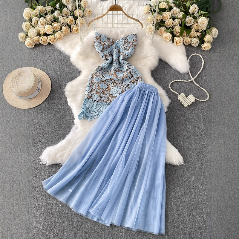 Cross-Border High-End Temperament Water-Soluble Lace Suspender Short Dress Two-Piece Set High-Waisted Slimming and Elegant Mesh Half