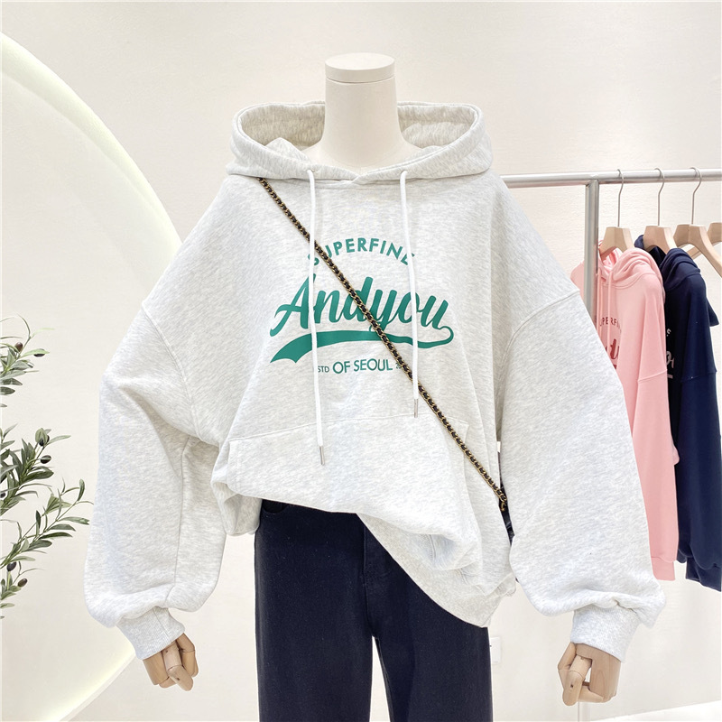 Sudera con Capucha Transfronteriza de Otoño/Invierno, Estilo Coreano, Estampado de Letras, Nuevo Modelo, con Forro Polar, Manga Larga, Top Multiusos de Moda