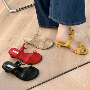 2025 New French Style Evening Style Bow Thick Heel Mid Heel Sandals for Women All-match Open Toe Slippers for Outer Wear