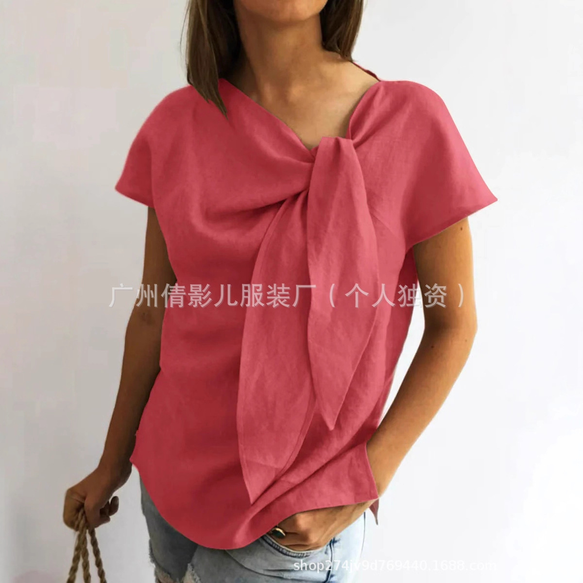 跨境外贸欧美女装厂家现货蝴蝶结V领短袖休闲T恤女上衣气质优雅