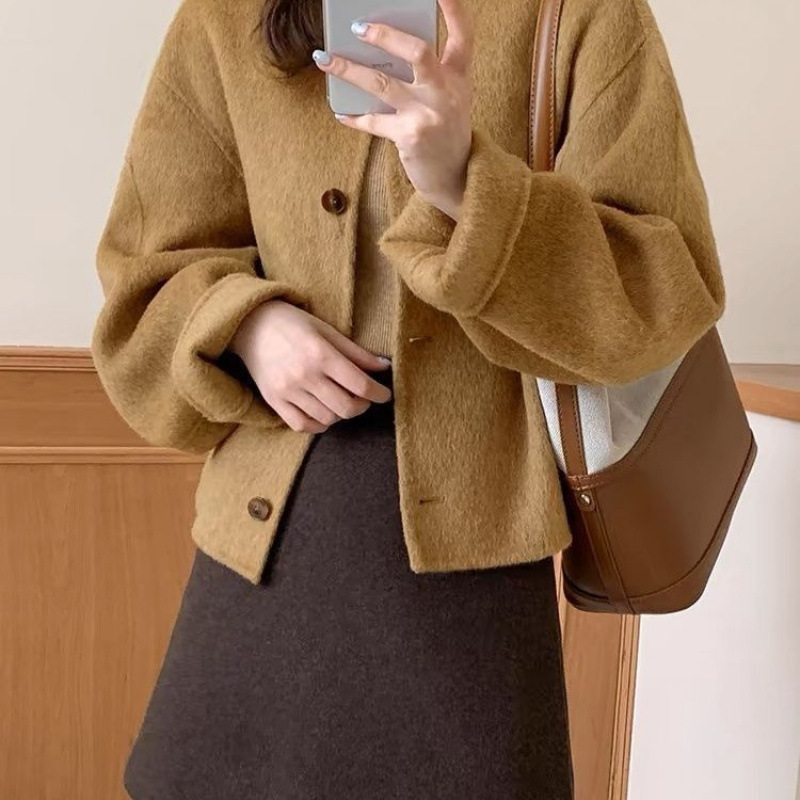 小众短外套秋冬时髦显瘦小个子宽松双面羊毛纯羊毛石墨黑灰枫叶黄