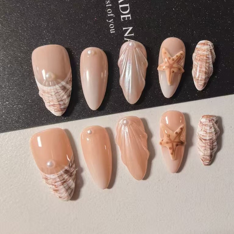 TW cross-border supply of European and American style marine-themed press-on nails with 3D shell and pearl decorations in nude color