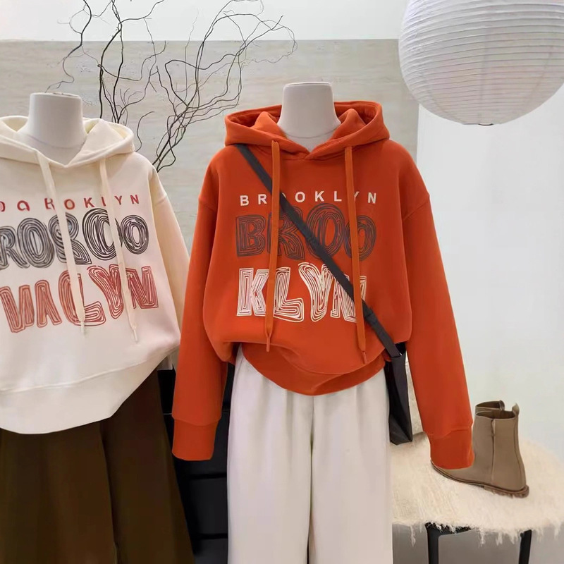 Original Foreign Trade Clearance American Retro Fleece Loose Short Hooded Sweatshirt Women's Warm Top Jacket Winter