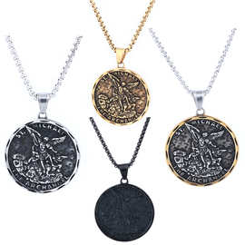 跨境个性朋克风复古风圆形大天使迈克尔钛钢吊坠不掉色现货