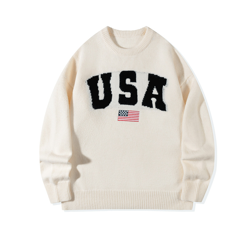 André.| Suéter de letras retro americano para hombres y mujeres otoño y invierno pareja alta versátil cuello redondo camiseta de manga larga