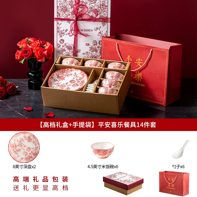 Ceramic Tableware Festive Gift Set, Dinnerware for 4–6, Bowls Plates Spoons & Gift Bag