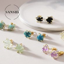 欧美六爪原石耳钉复古天然矿石粉水晶玉石女式耳环欧美天然石耳饰