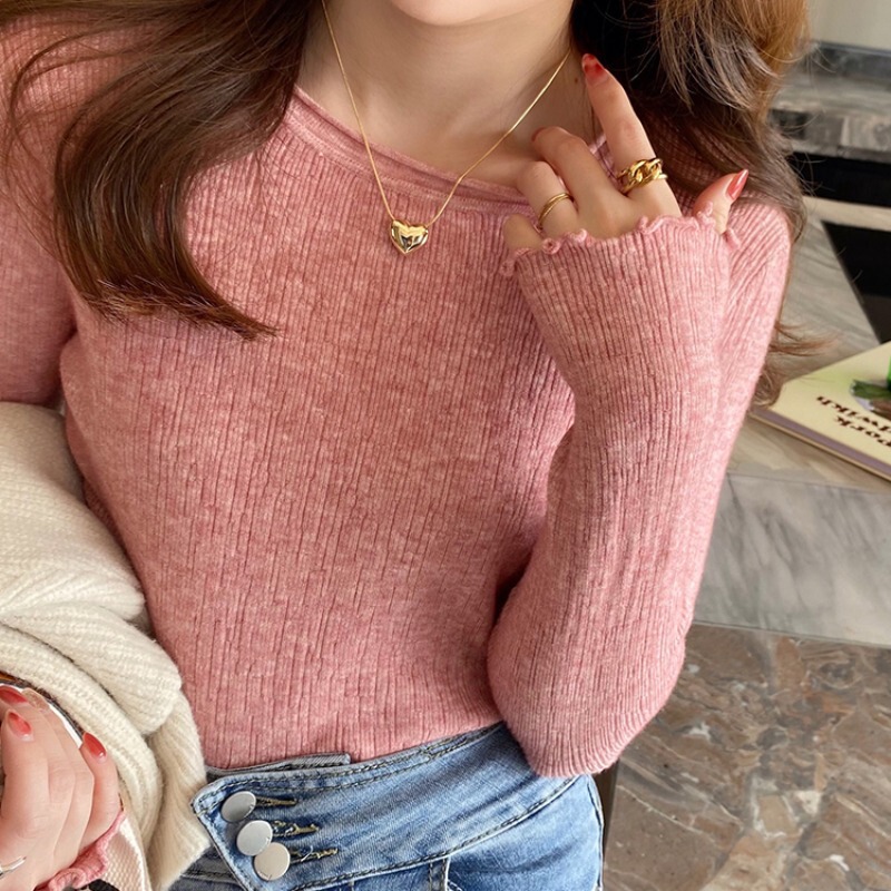 白色针织打底衫女2025秋冬新款内搭修身毛衣设计感木耳边长袖上衣|undefined