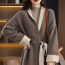 秋冬新款羊绒大衣女四平加厚针织腰带双面穿宽松山羊绒长款外套