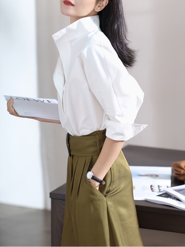 女性用七分袖シャツ、万能初秋新作バットルーズスタンドカラーホワイトシャツボトム気質トップ|undefined