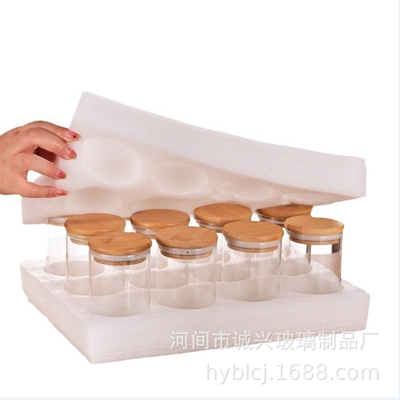 Tarro de condimento de vidrio Tarro de almacenamiento Paquete de combinación de Amazon Tarro sellado de 12 latas con tapa de bambú Traje de algodón perla