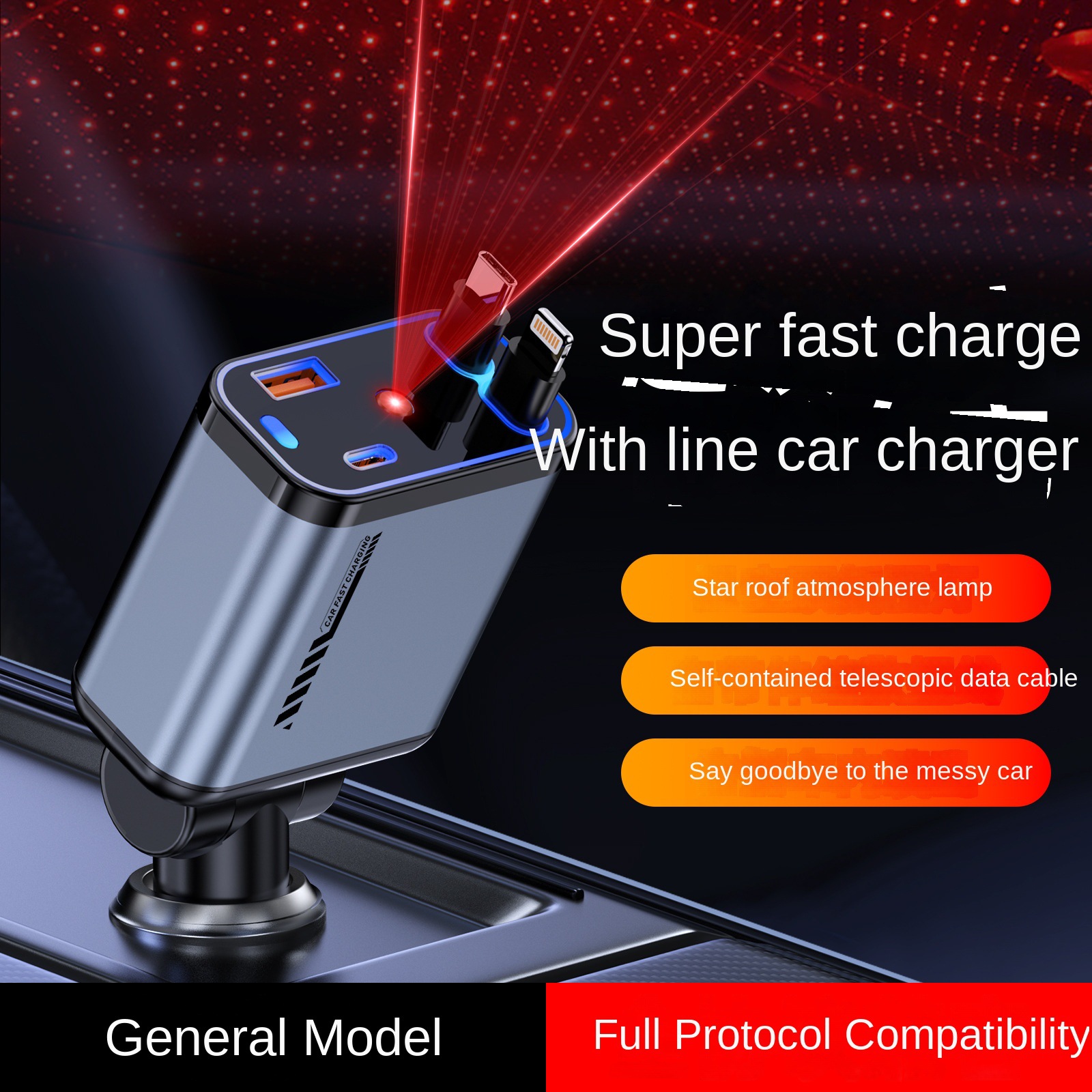 4-in-1 Car Fast Charging Charger with 80cm Cable Multifunctional Car Power Adapter