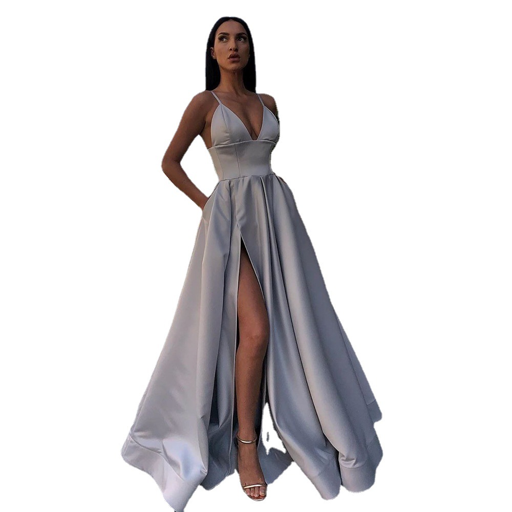 Vestido de Verano 2025, Nuevo Estilo Europeo y Americano, Sexy, Ajustado, con Tirantes Finos, Escote Profundo en V, Abertura Lateral, para Fiesta o Noche