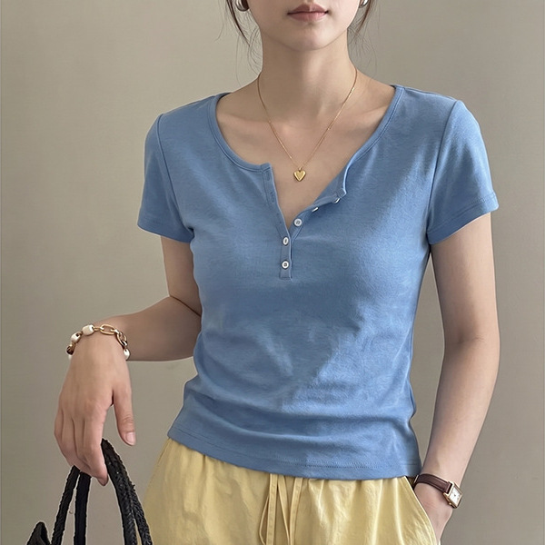Blue Versatile Slim-Fit Henley Collar Short-Sleeve T-Shirt for Women with a Unique Design, Simple and Youthful Button-Up Top