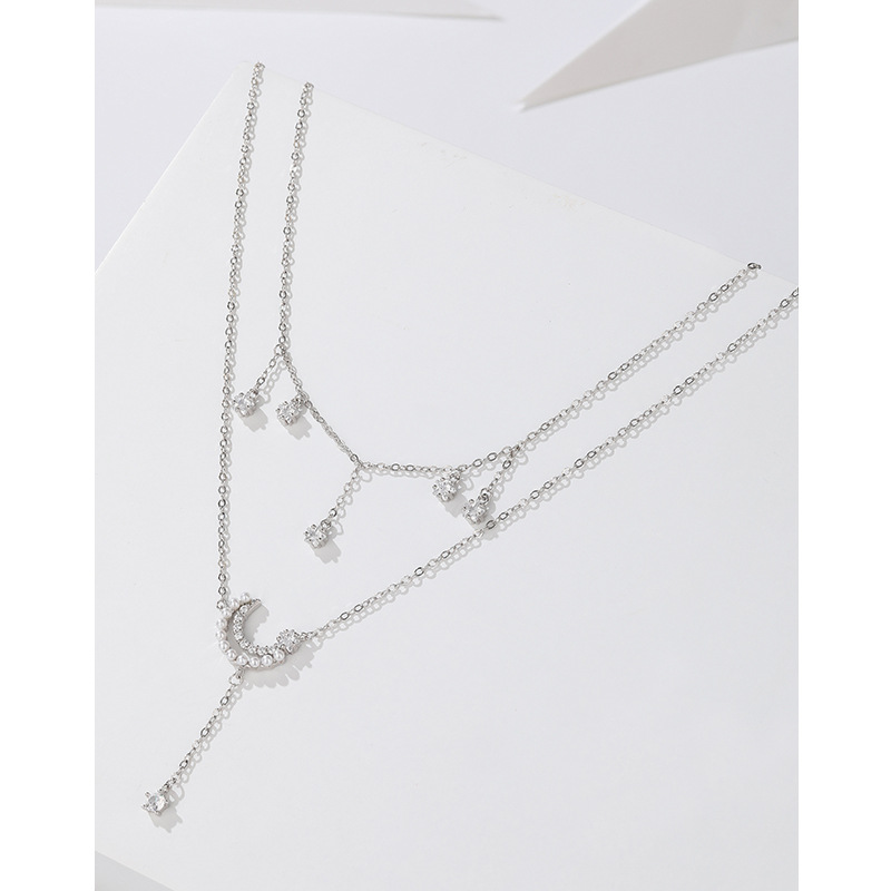 Luz nicho de lujo de diseño avanzado sentido estrella Luna Cadena de clavícula collar apilado de doble capa de perlas de plata esterlina S925