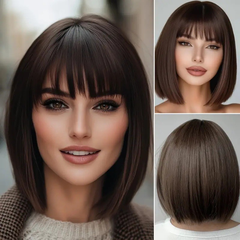 Perruque bob style européen/américain avec frange évasée, élégante, courte et lisse, en cheveux synthétiques, extension complète pour cosplay_voghion.com