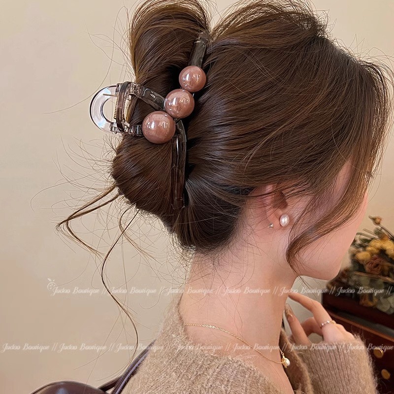 フレンチポルカドットレトロコントラストリボンリボンパールペンダント後頭部シャーククリップヘアピン女性用|undefined