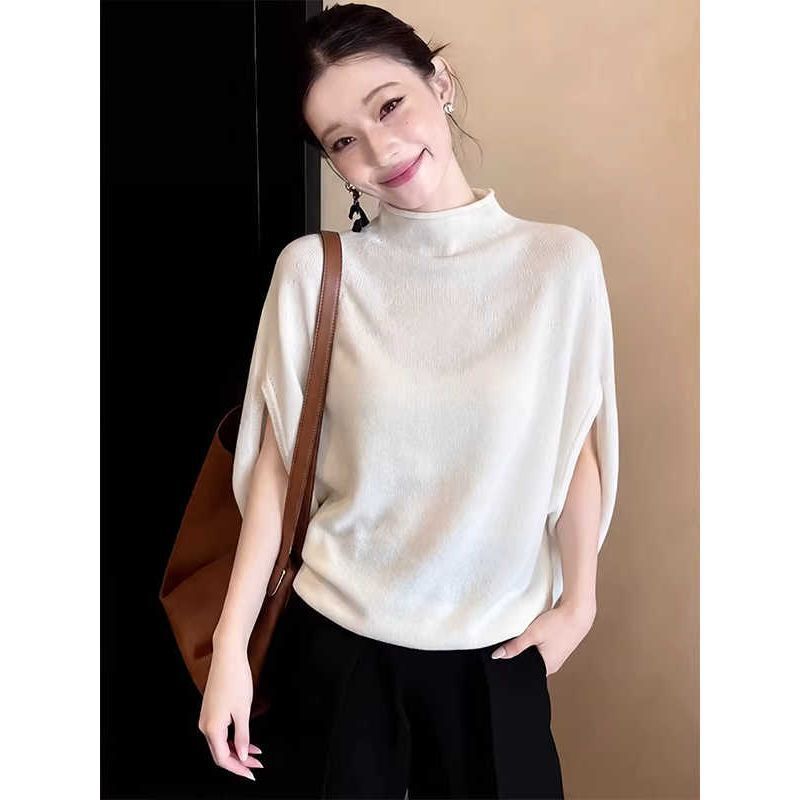 French-style elegant half-high collar bat-sleeve knitted T-shirt for women, new summer model, gentle and stylish internet celebrity top French-style elegant half-high collar bat-sleeve knitted T-shirt for women, new summer model, gentle and stylish internet celebrity top