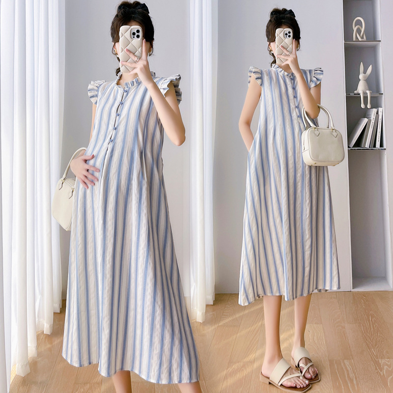 in stock Pregnant Women Striped dress Cotton Linen Flying Sleeve Mid-length Pregnant Mother Skirt A- line Skirt