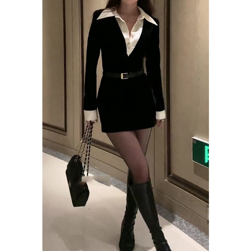 假两件气质衬衫连衣裙女春季短裙黑色赫本风法式收腰气质包臀裙子