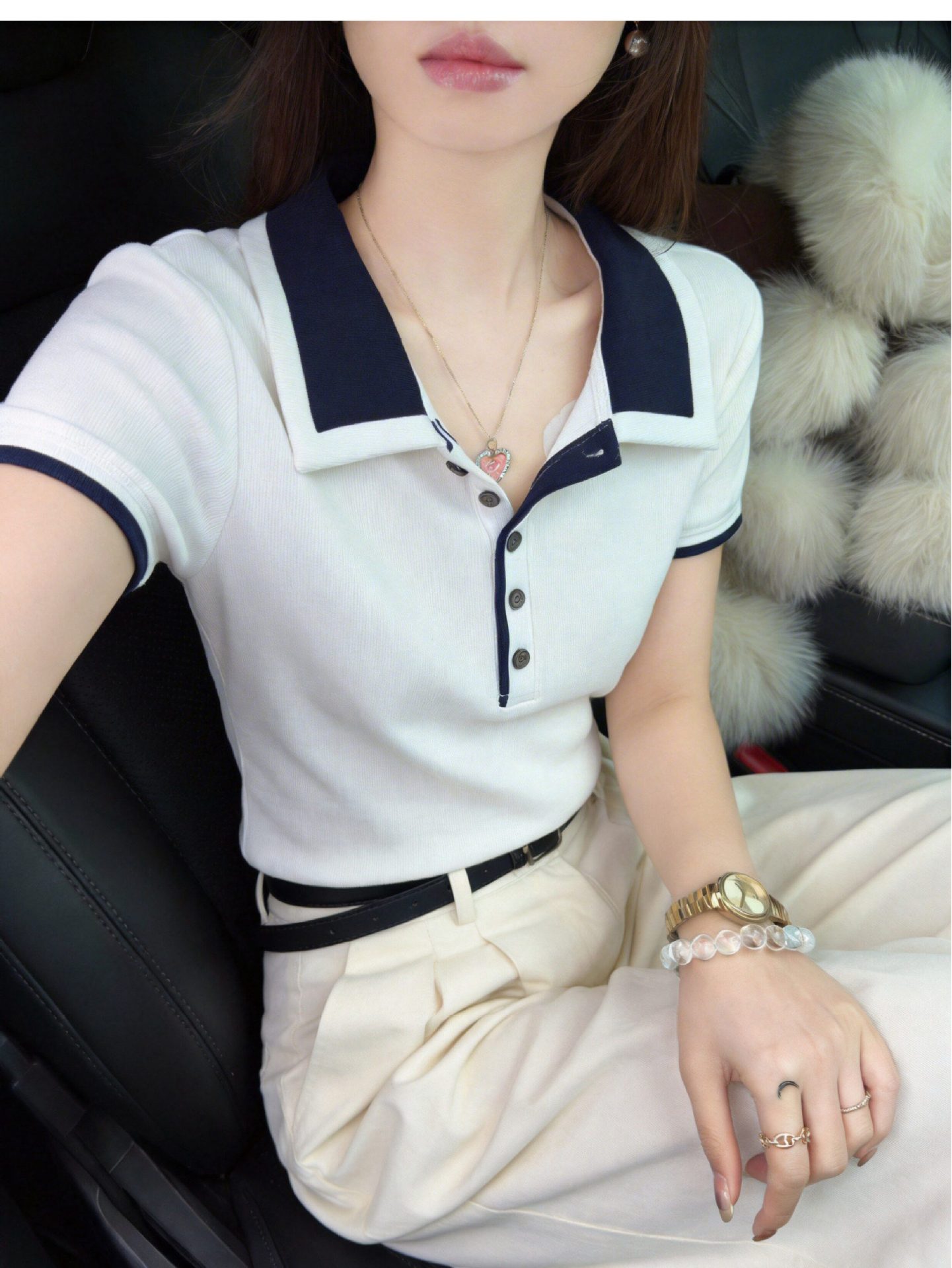 Áo thun polo nữ cổ bẻ tay ngắn dệt kim cài nút form ôm — Màu ảnh chi tiết 7