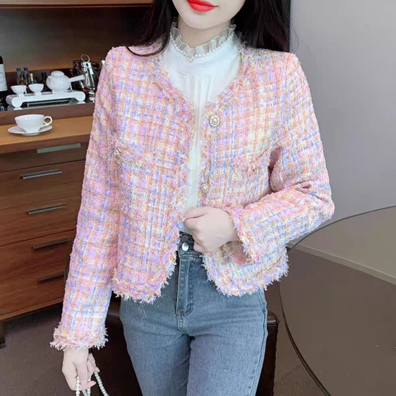 法式气质名媛小香风粉色粗花呢外套女早秋季高级感小个子短款上衣|undefined