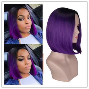 European and American wig women's fashion wave head black gradient purple short hair bobo head medium short straight hair chemical fiber headgear wholesale