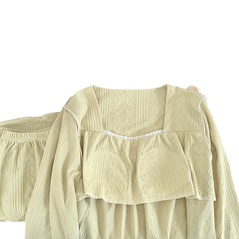 Simple pijamas de alta gama de mujeres de algodón jacquard cuello cuadrado Jersey manga larga otoño e invierno dulce hogar desgaste con traje de almohadilla de pecho