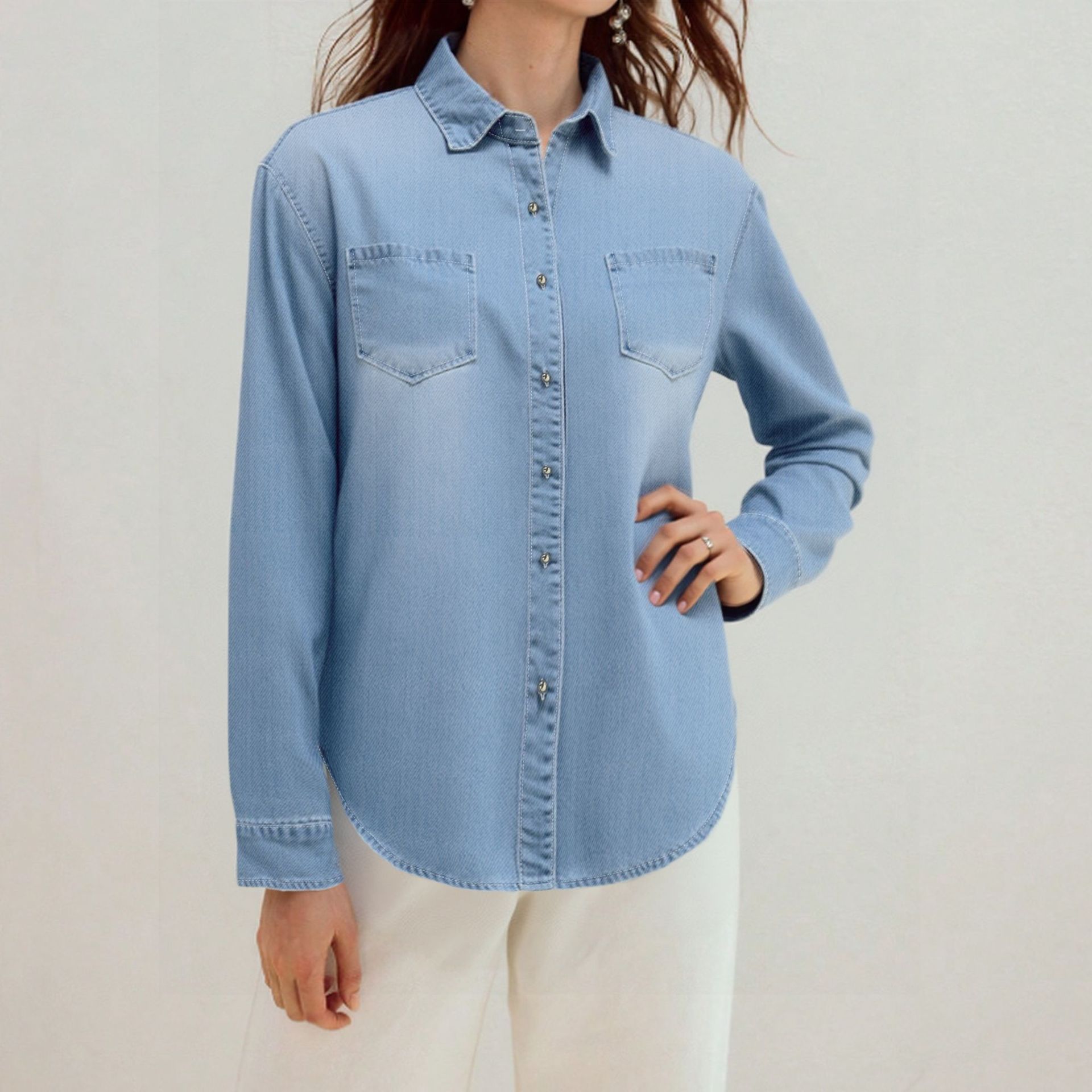 "Classic Denim Shirt Jacket For Women – Casual Button-Up Overshirt With Polo Collar_mkmklike.com