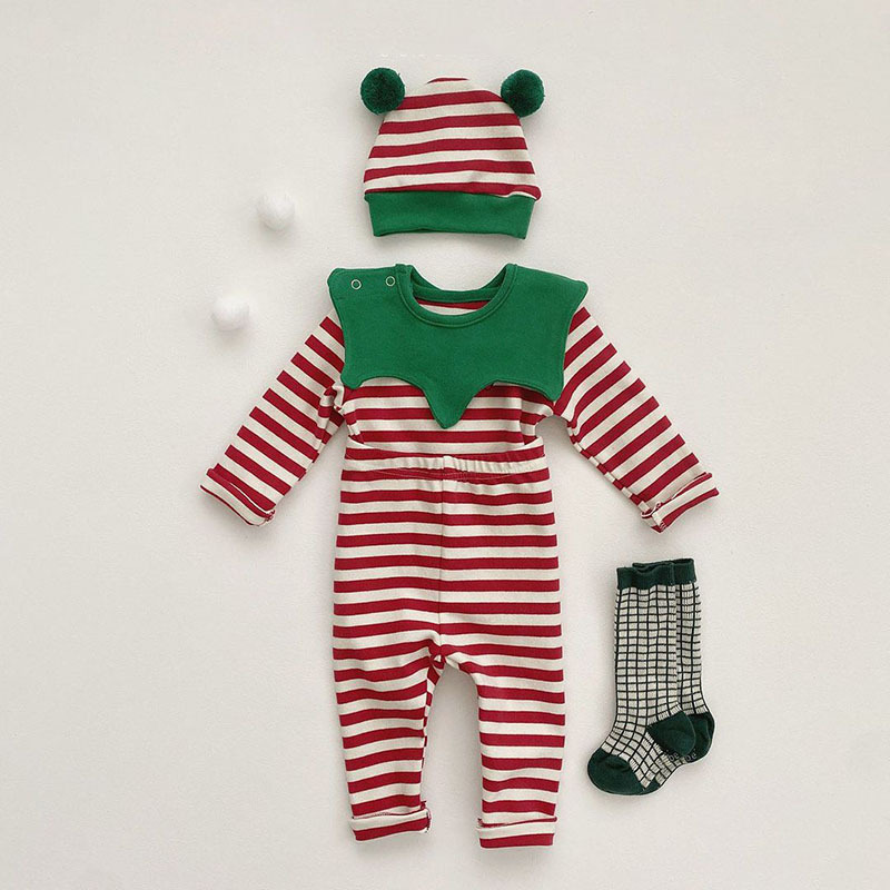 Estilo coreano Otoño e Invierno bebé recién nacido niños Navidad traje de cuatro piezas de manga larga pantalones a rayas sombrero desmontable mameluco traje de los niños