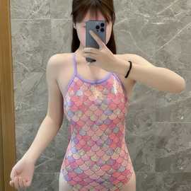 游泳七彩橘色鱼鳍专业泳衣女连体游泳衣竞速紧身单层特色花边鱼鳞