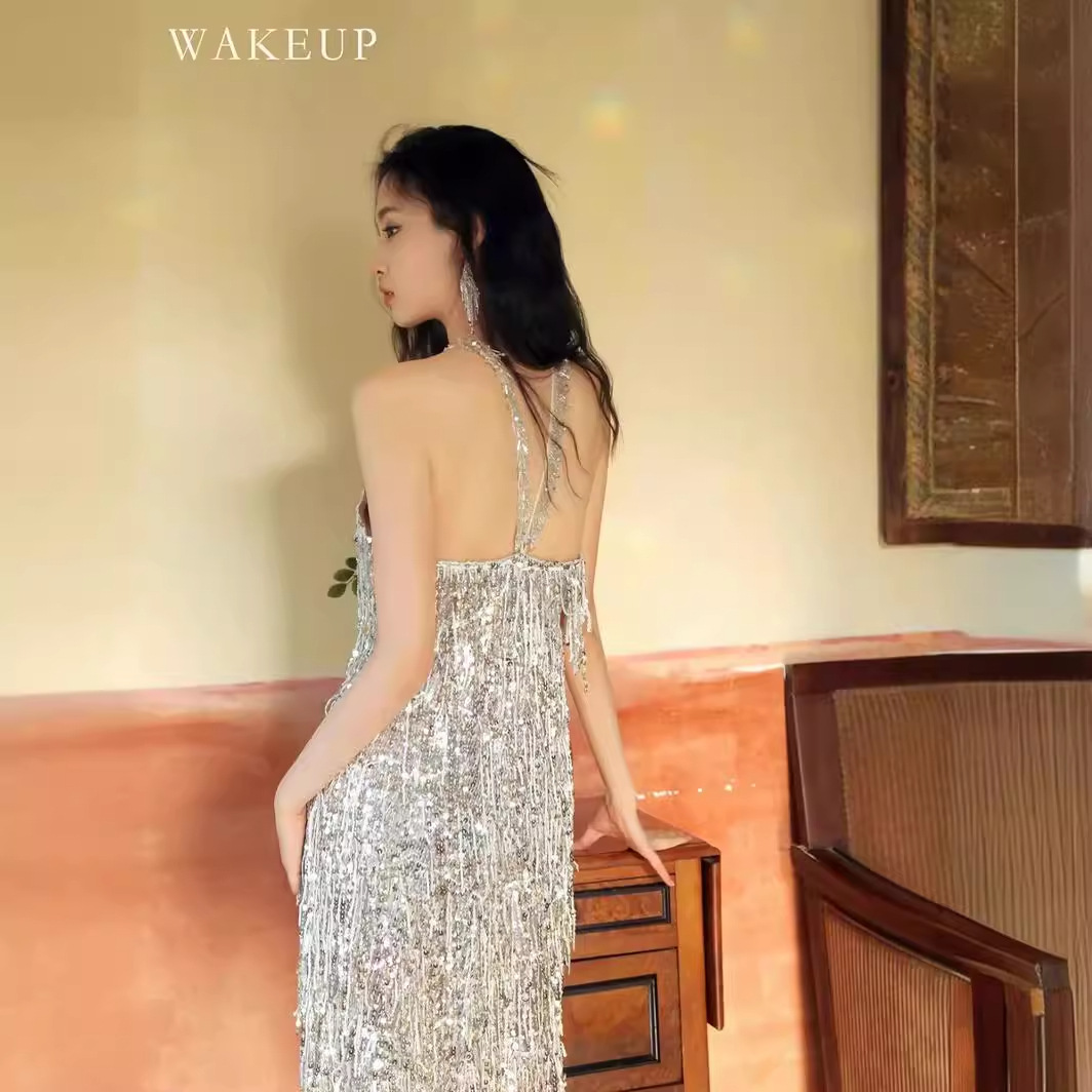 wakeup醒来性感银色亮片订婚礼服派对连衣裙晚宴高级感晨袍生日