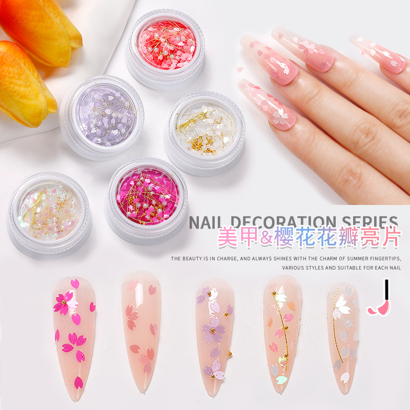 Nueva línea popular flor de cerezo lentejuelas ultra-Delgado pétalos todo partido chica corazón perla hilo de oro mezclado DIY accesorios de uñas